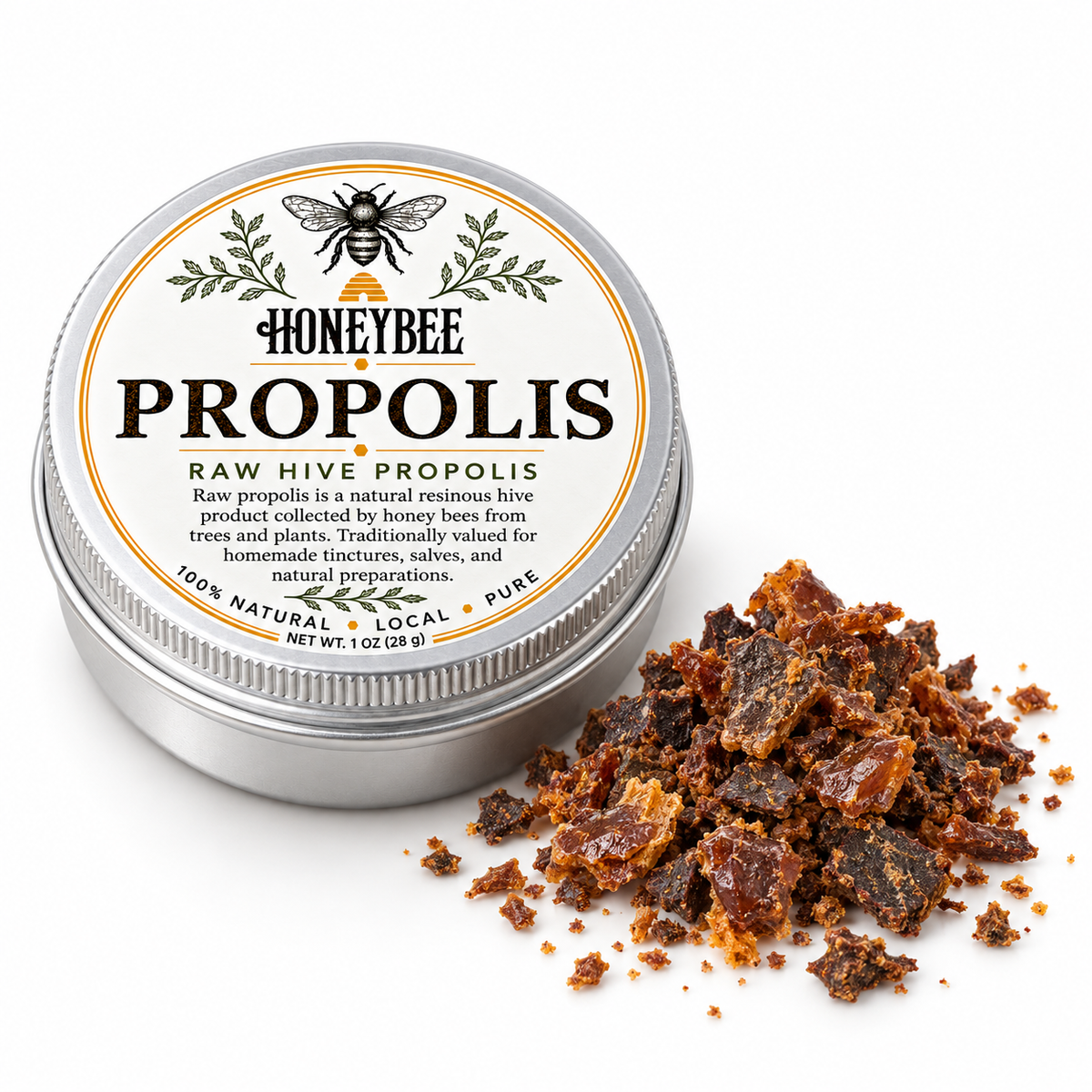 HONEYBEE 1 oz raw propolis tin beside loose raw propolis