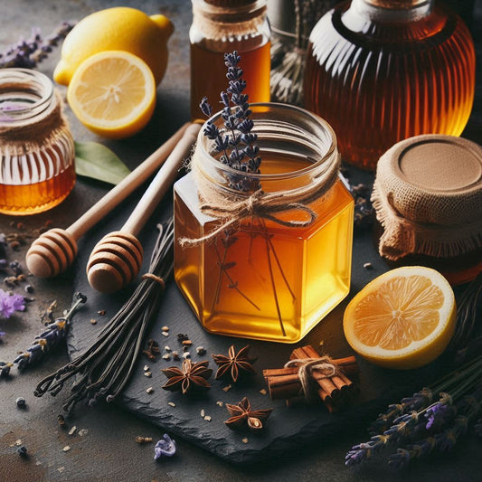 A rustic arrangement features a jar of Honeybee Infused Honey with a sprig of lavender tied to it, surrounded by lemons, honey dippers, cinnamon sticks, star anise, and more jars of raw honey. The scene is set on a dark slate with scattered lavender and spices.