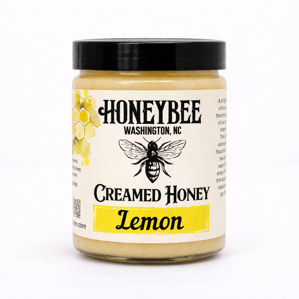 Lemon Creamed Honey in HONEYBEE jar with black lid