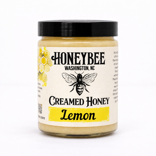 Lemon Creamed Honey in HONEYBEE jar with black lid